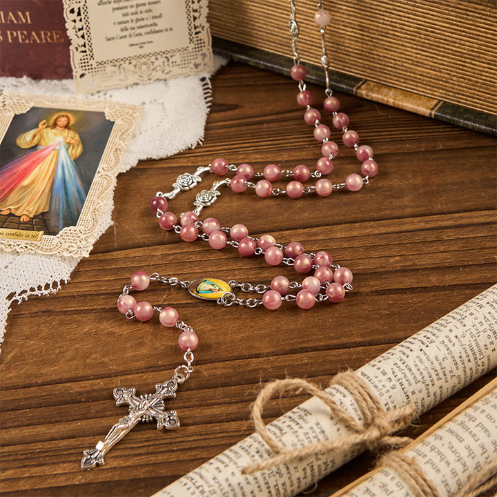 FREE Today: Our Lady & Crucifix of 8mm Round Rose Pink Alloy Chain Rosary