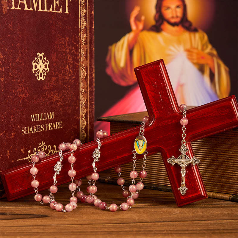 FREE Today: Our Lady & Crucifix of 8mm Round Rose Pink Alloy Chain Rosary