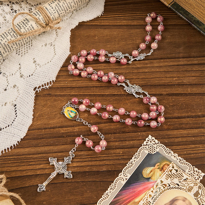 FREE Today: Our Lady & Crucifix of 8mm Round Rose Pink Alloy Chain Rosary