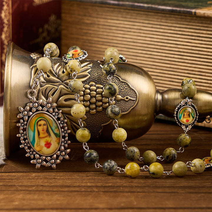 Christianartworkshop Miraculous Medal & Immaculate Heart of 8mm Round Stone Yellow Alloy Chain Rosary