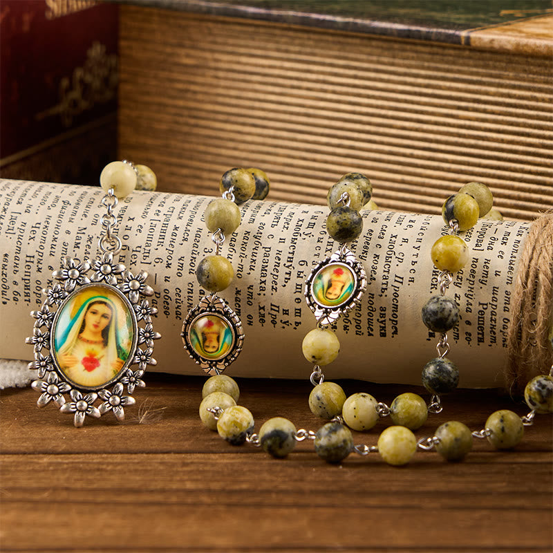 Christianartworkshop Miraculous Medal & Immaculate Heart of 8mm Round Stone Yellow Alloy Chain Rosary