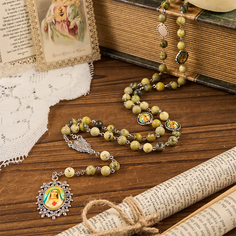 Christianartworkshop Miraculous Medal & Immaculate Heart of 8mm Round Stone Yellow Alloy Chain Rosary