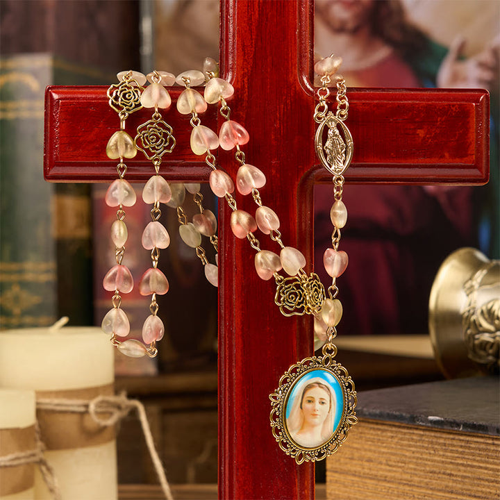 Christianartworkshop Miraculous Medal & Our Lady of 10mm Heart Rose Glass Alloy Chain Rosary