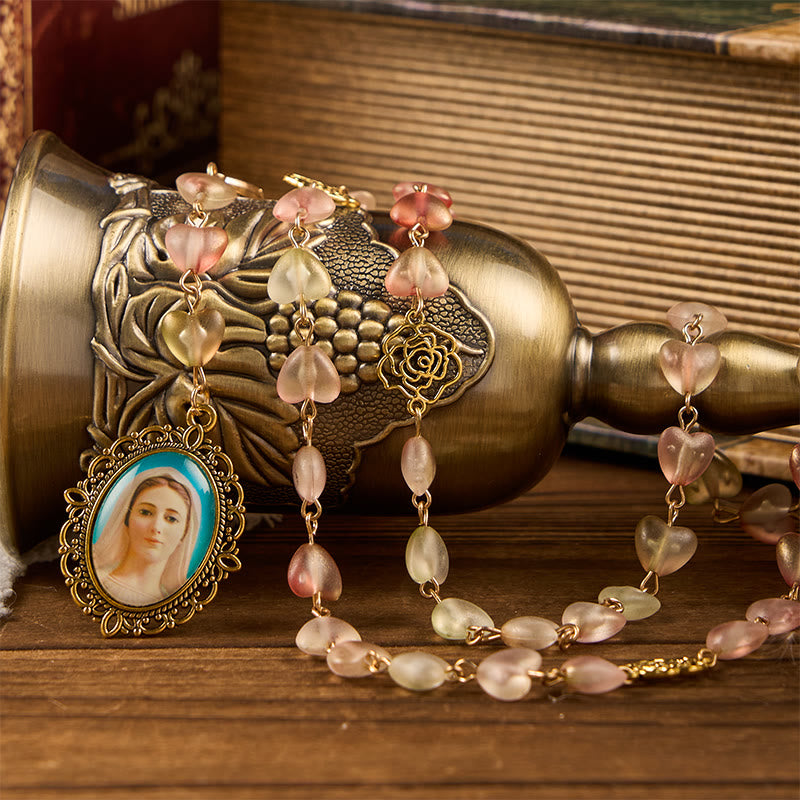 Christianartworkshop Miraculous Medal & Our Lady of 10mm Heart Rose Glass Alloy Chain Rosary