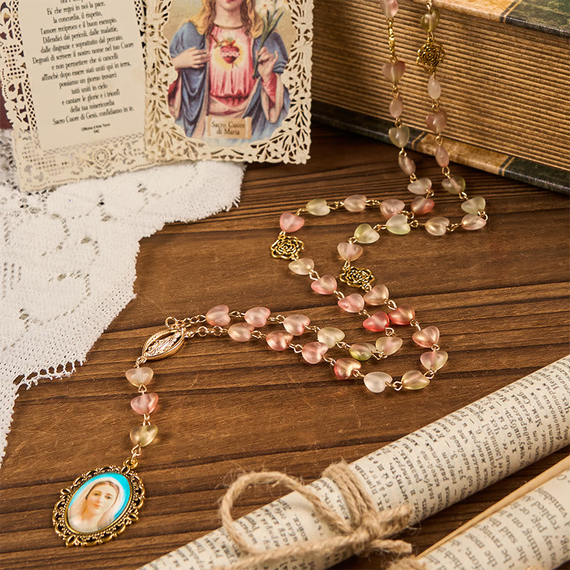 Christianartworkshop Miraculous Medal & Our Lady of 10mm Heart Rose Glass Alloy Chain Rosary