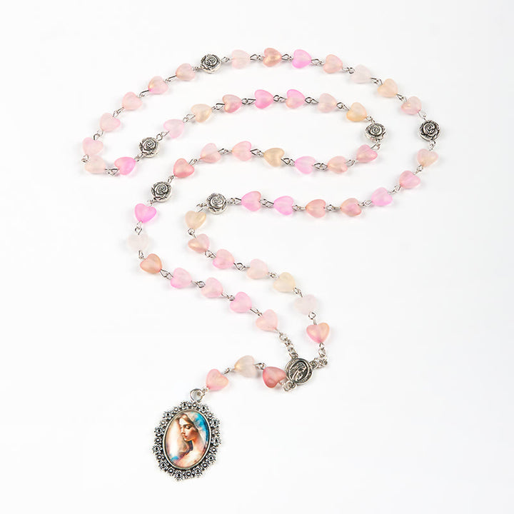 Christianartworkshop Praying Mary & Our Lady of 10mm Heart Rose Glass Pink Alloy Chain Rosary