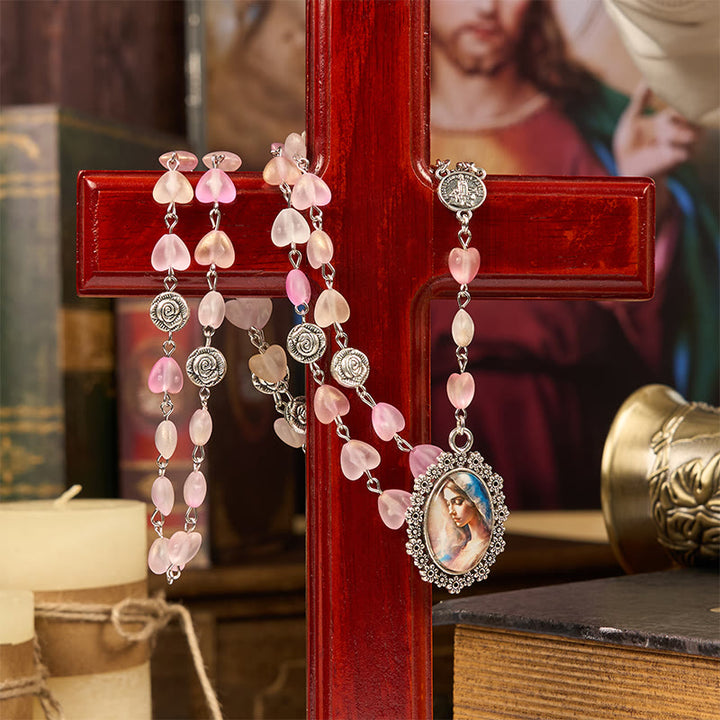 Christianartworkshop Praying Mary & Our Lady of 10mm Heart Rose Glass Pink Alloy Chain Rosary