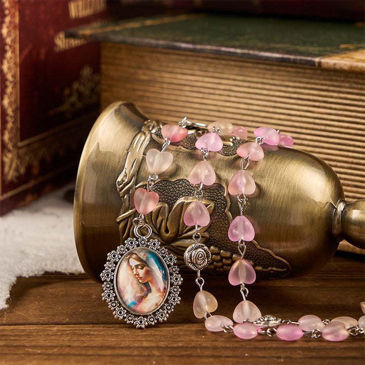 Christianartworkshop Praying Mary & Our Lady of 10mm Heart Rose Glass Pink Alloy Chain Rosary