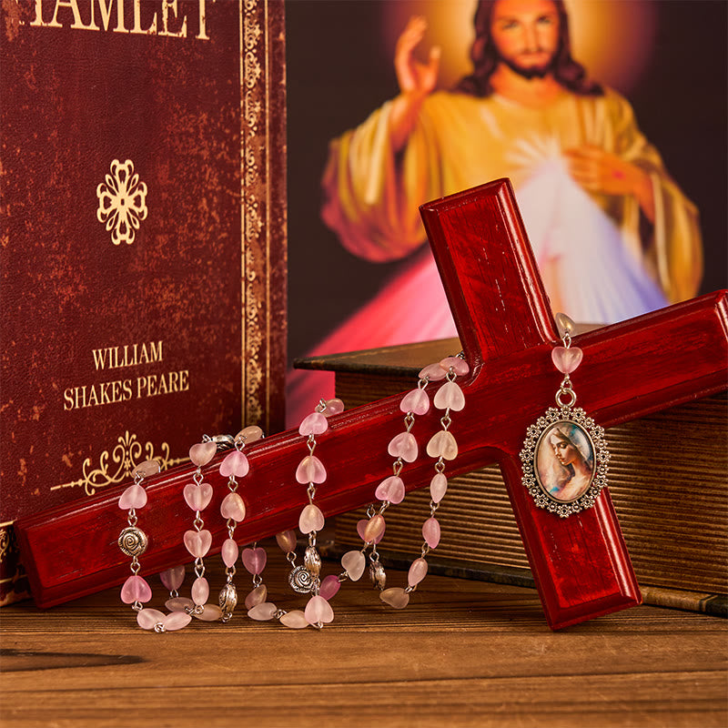 Christianartworkshop Praying Mary & Our Lady of 10mm Heart Rose Glass Pink Alloy Chain Rosary