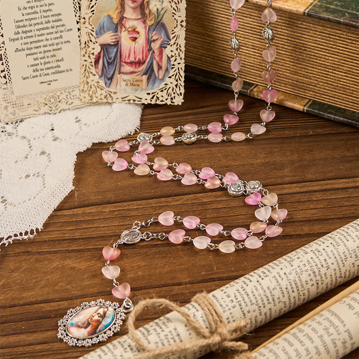 Christianartworkshop Praying Mary & Our Lady of 10mm Heart Rose Glass Pink Alloy Chain Rosary