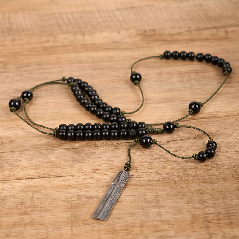 FREE Today: Rustic-Contemporary Cross of 8 mm Round Natural Wood Beads Rope Weaving Chain Rosary