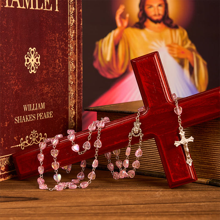 Christianartworkshop Our Lady & Crucifix of 8mm Heart Acrylic Pink Alloy Chain Rosary