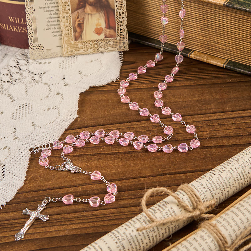 Christianartworkshop Our Lady & Crucifix of 8mm Heart Acrylic Pink Alloy Chain Rosary