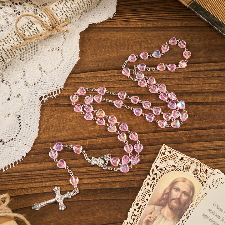 Christianartworkshop Our Lady & Crucifix of 8mm Heart Acrylic Pink Alloy Chain Rosary