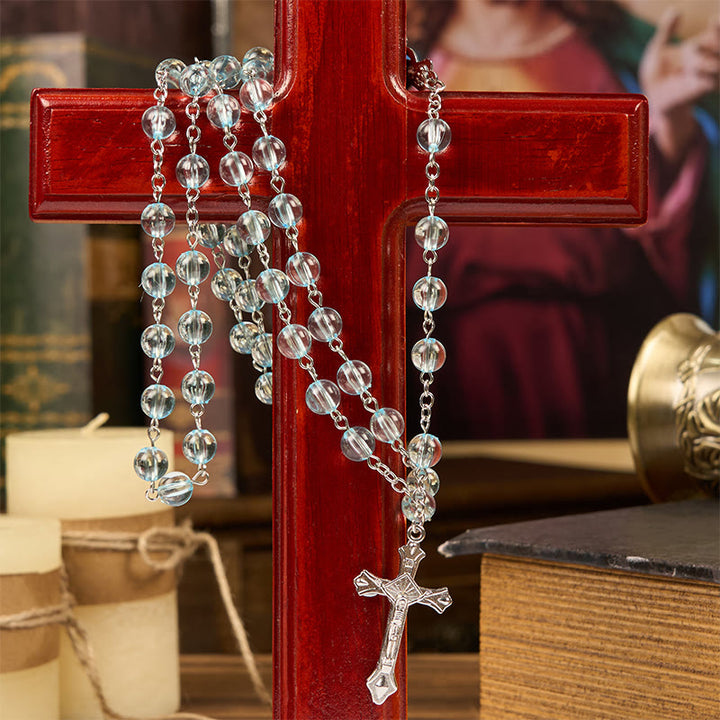 Christianartworkshop Our Lady & Crucifix of 8mm Round Glass Blue Alloy Chain Rosary