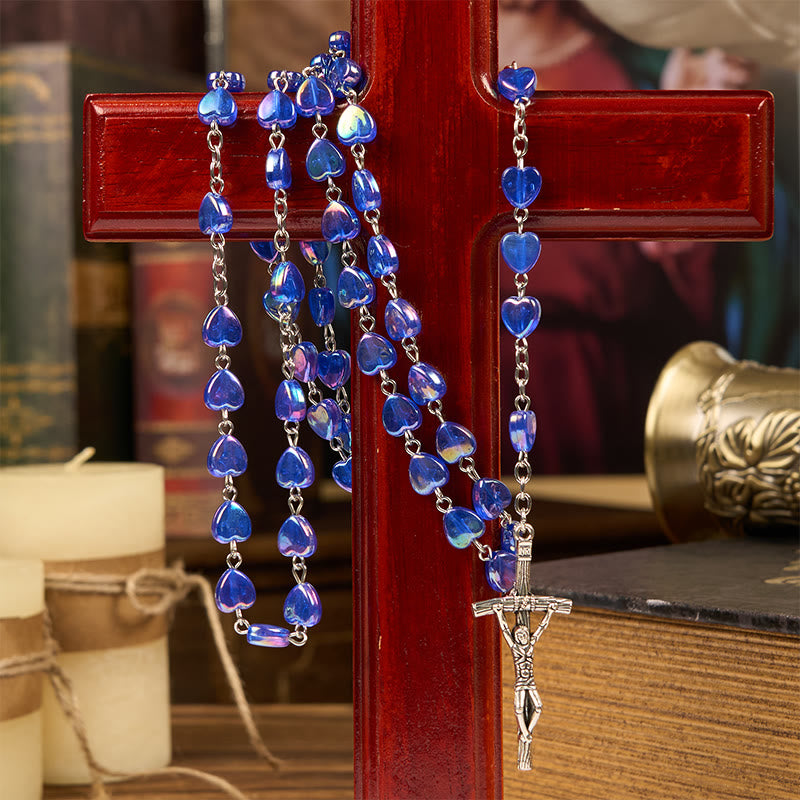 Christianartworkshop Our Lady & Crucifix of 8mm Heart Acrylic Blue Alloy Chain Rosary