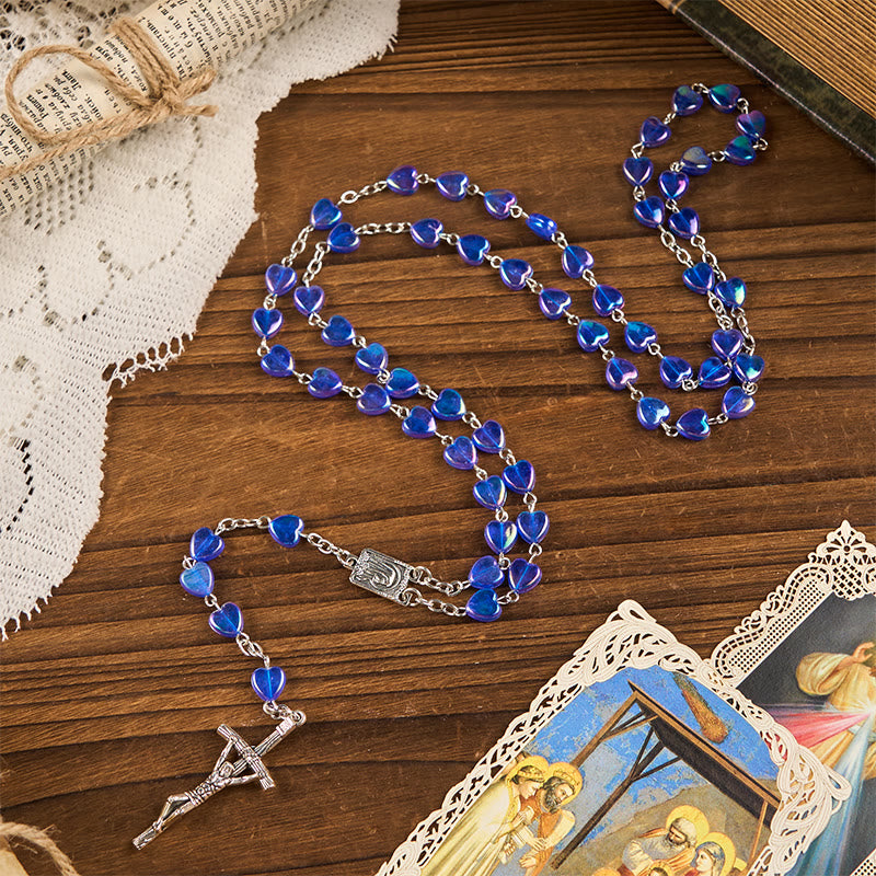 Christianartworkshop Our Lady & Crucifix of 8mm Heart Acrylic Blue Alloy Chain Rosary