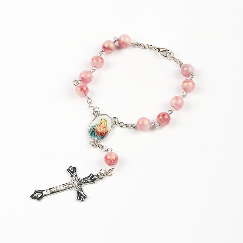 Christianartworkshop Immaculate Heart of Mary of 8mm Round Pink Alloy Chain Rosary