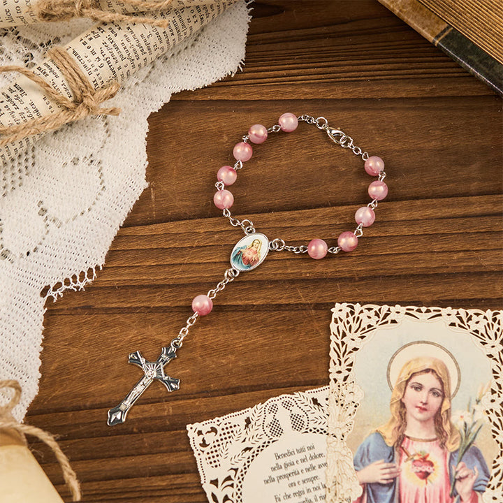 Christianartworkshop Immaculate Heart of Mary of 8mm Round Pink Alloy Chain Rosary