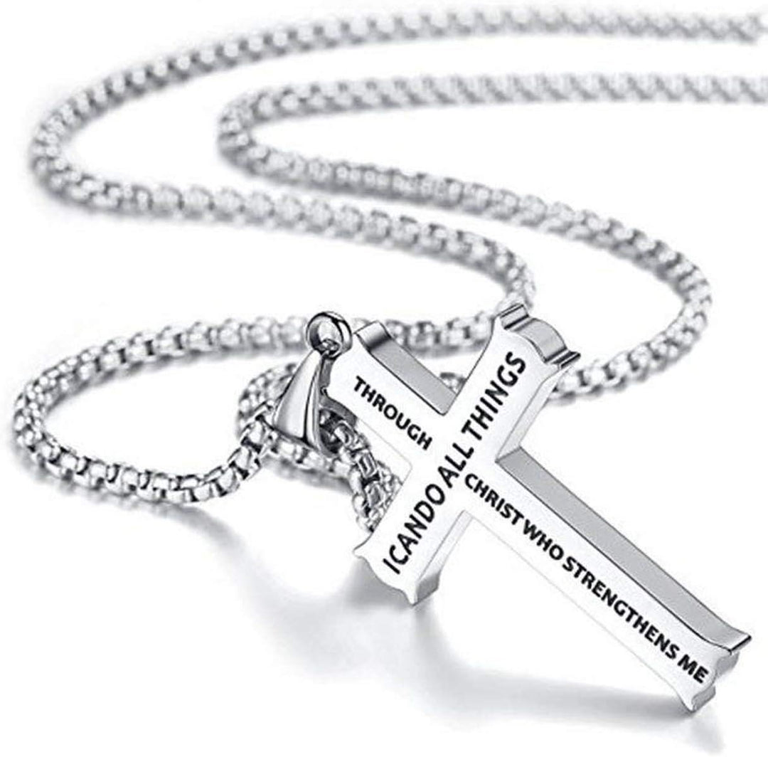 Christianartworkshop Minimalist Style "I CAN DO ALL THINGS" Icon Cross Faith Pendant Necklace