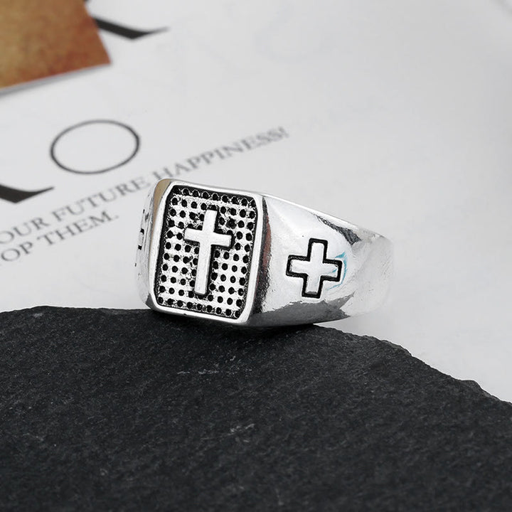 Christianartworkshop 925 Sterling Silver Minimalist Cross Engraved Adjustable Faith Ring