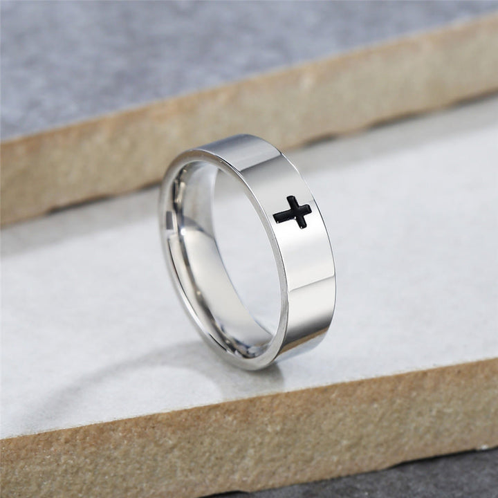 Christianartworkshop Minimalist Style Glossy Cross Engraved Titanium Faith Ring