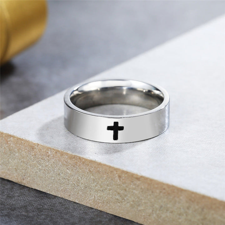 Christianartworkshop Minimalist Style Glossy Cross Engraved Titanium Faith Ring