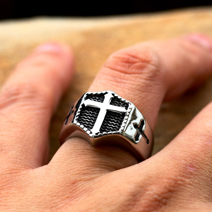 Christianartworkshop Retro Minimalist Style Cross Engraved Stainless Steel Faith Ring