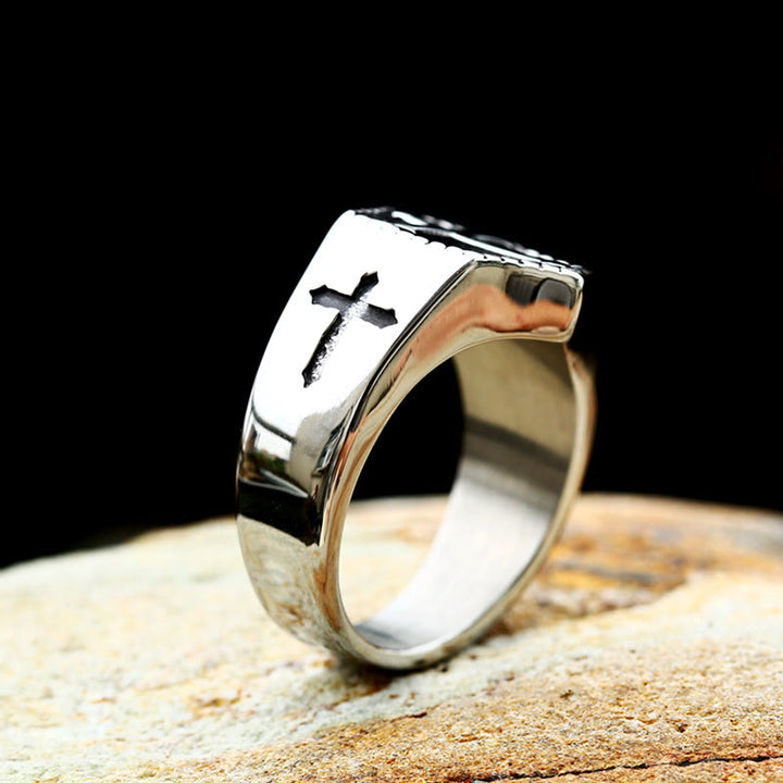 Christianartworkshop Retro Minimalist Style Cross Engraved Stainless Steel Faith Ring