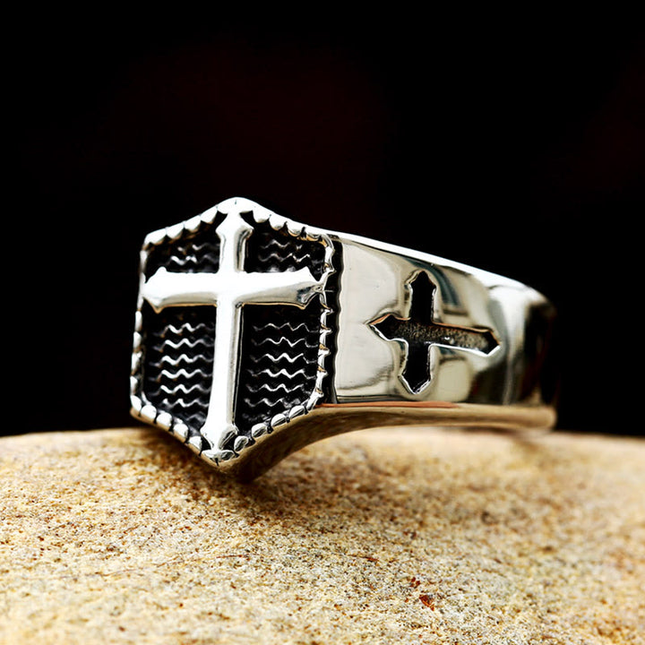 Christianartworkshop Retro Minimalist Style Cross Engraved Stainless Steel Faith Ring