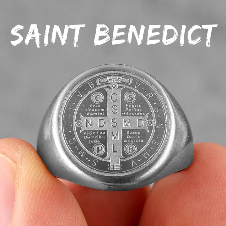 Christianartworkshop 8 Styles Retro Classic St. Benedict Symbol Engraved Protection Ring - Silver - US 14 - image 2