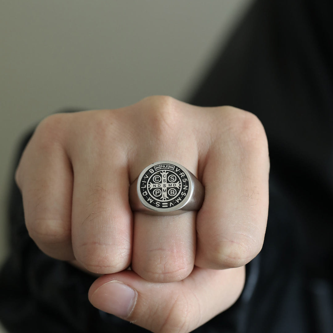 Christianartworkshop 8 Styles Retro Classic St. Benedict Symbol Engraved Protection Ring - Silver-black - US 14 - image 11