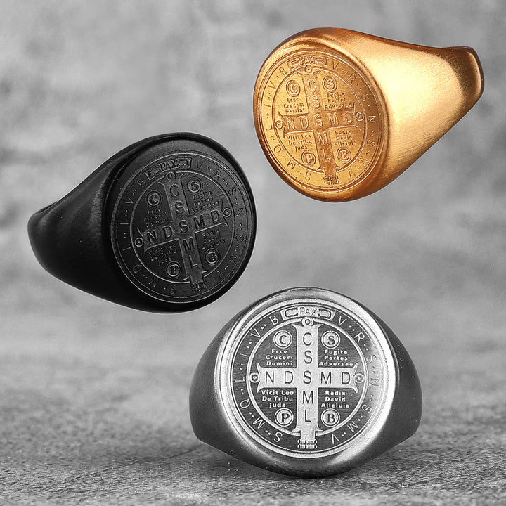 Christianartworkshop 8 Styles Retro Classic St. Benedict Symbol Engraved Protection Ring