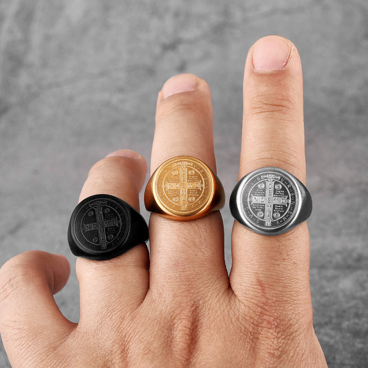 Christianartworkshop 8 Styles Retro Classic St. Benedict Symbol Engraved Protection Ring