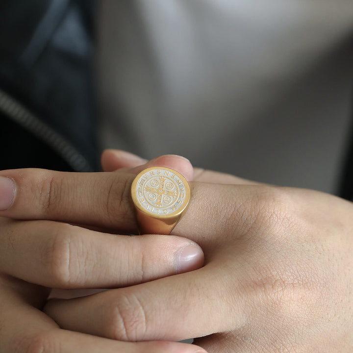 Christianartworkshop 8 Styles Retro Classic St. Benedict Symbol Engraved Protection Ring - Golden-1 - US 10 - image 9
