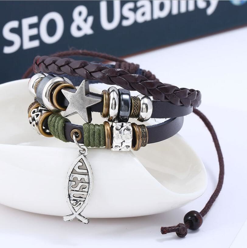 Christianartworkshop Retro Jesus Fish Adjustable Leather Cord Bracelet