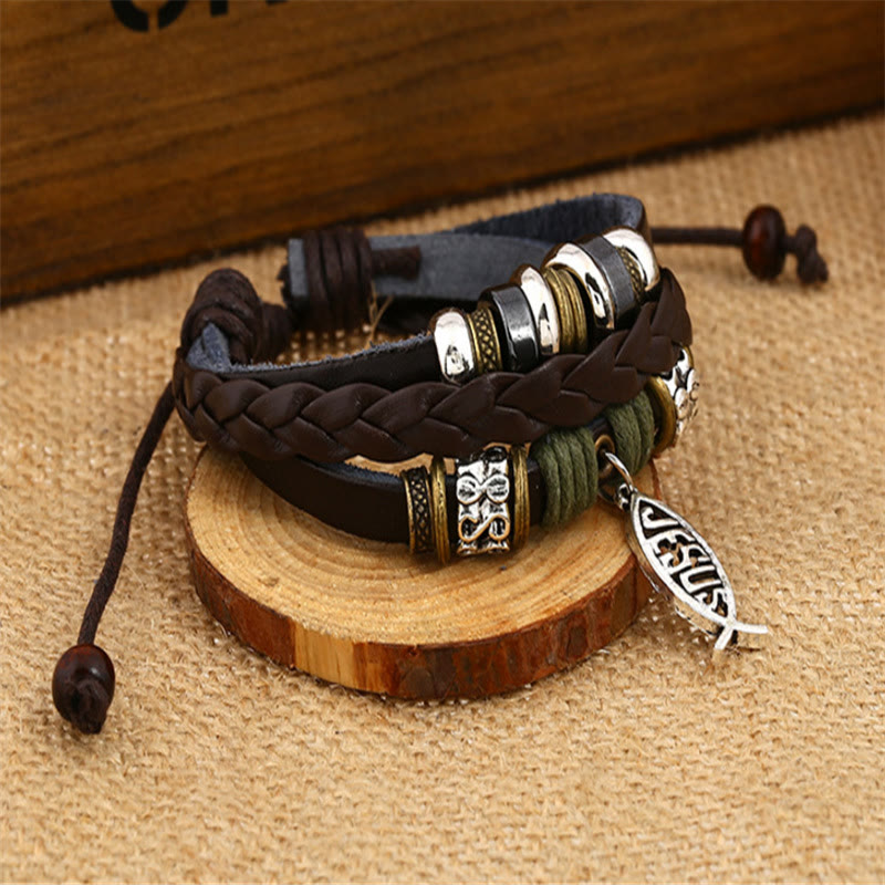 Christianartworkshop Retro Jesus Fish Adjustable Leather Cord Bracelet