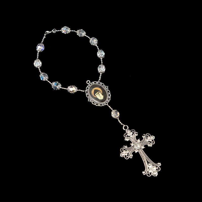 Christianartworkshop St. Charbel Medal & Cross of 10mm Clear Crystal One Decade Pocket Rosary