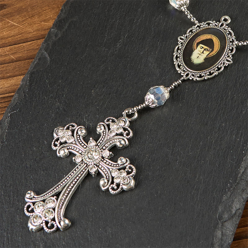 Christianartworkshop St. Charbel Medal & Cross of 10mm Clear Crystal One Decade Pocket Rosary