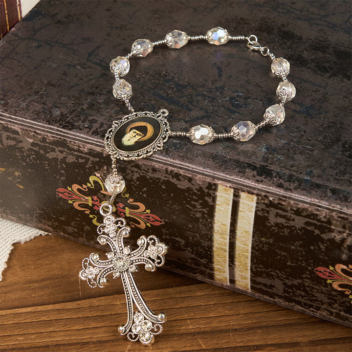 Christianartworkshop St. Charbel Medal & Cross of 10mm Clear Crystal One Decade Pocket Rosary