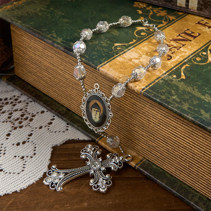 Christianartworkshop St. Charbel Medal & Cross of 10mm Clear Crystal One Decade Pocket Rosary