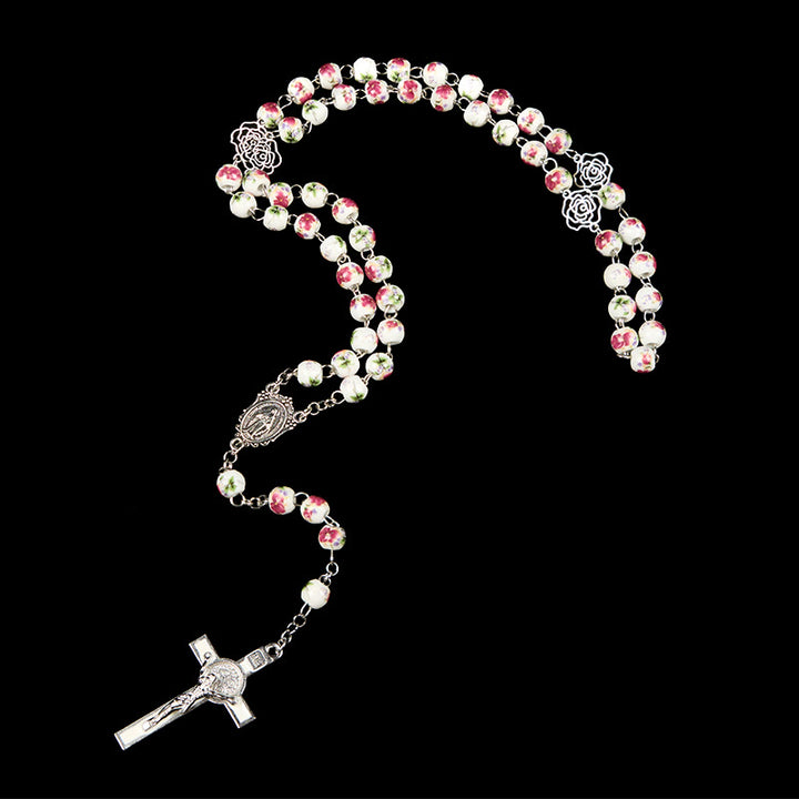 Christianartworkshop Miraculous Medal & Crucifix of 8mm Pink Floral Ceramics Beads Prayer Rosary