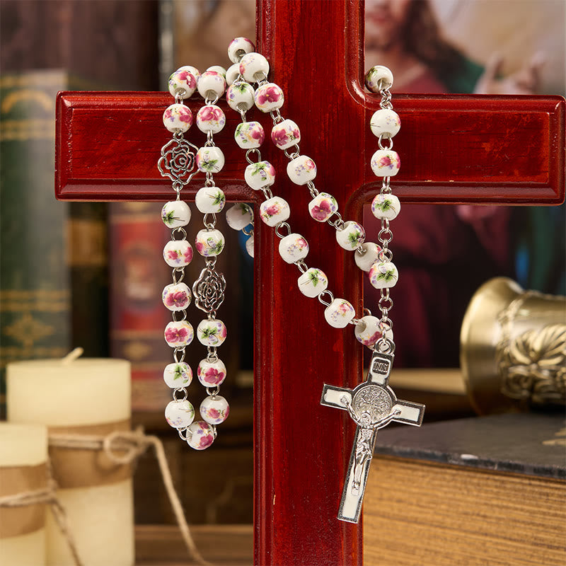 Christianartworkshop Miraculous Medal & Crucifix of 8mm Pink Floral Ceramics Beads Prayer Rosary