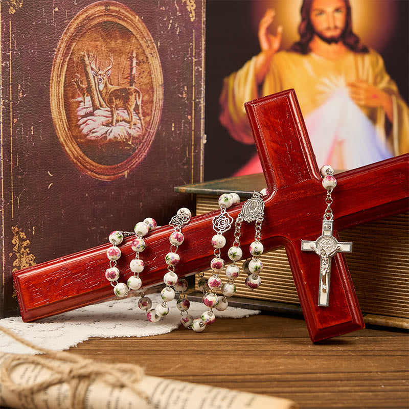 FREE Today: Miraculous Medal & Crucifix of 8mm Pink Floral Ceramics Beads Prayer Rosary