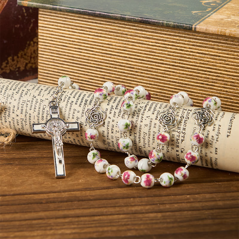 FREE Today: Miraculous Medal & Crucifix of 8mm Pink Floral Ceramics Beads Prayer Rosary