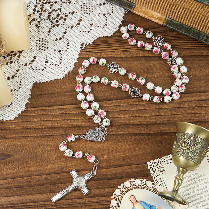 FREE Today: Miraculous Medal & Crucifix of 8mm Pink Floral Ceramics Beads Prayer Rosary