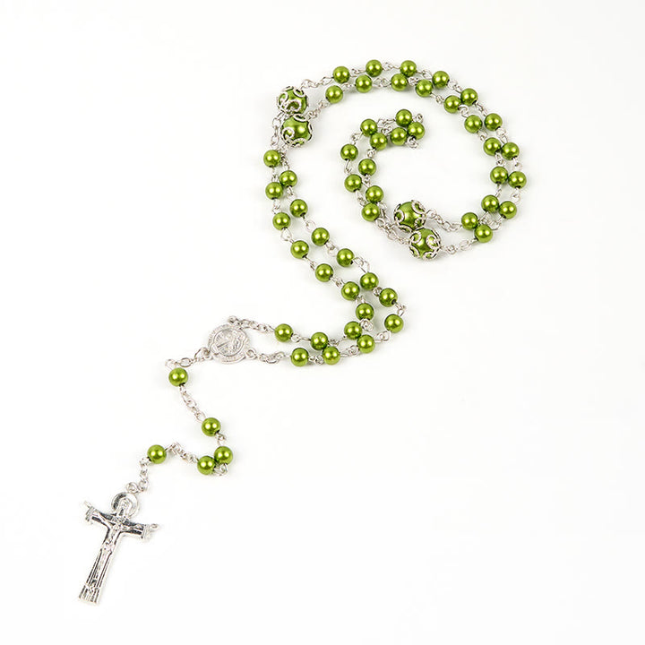 Christianartworkshop St. Benedict Medal & Trinity Cross of 6mm Green Floral Ball Prayer Beads Rosary