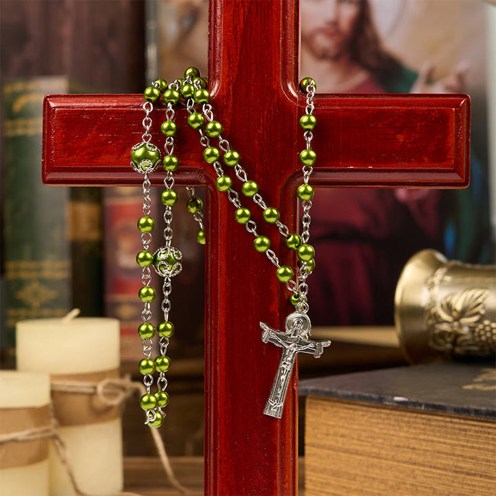 Christianartworkshop St. Benedict Medal & Trinity Cross of 6mm Green Floral Ball Prayer Beads Rosary