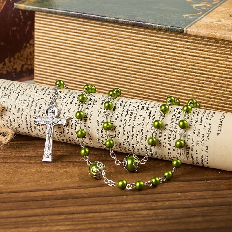 Christianartworkshop St. Benedict Medal & Trinity Cross of 6mm Green Floral Ball Prayer Beads Rosary