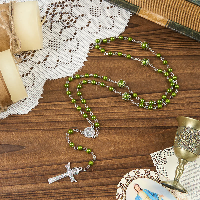 Christianartworkshop St. Benedict Medal & Trinity Cross of 6mm Green Floral Ball Prayer Beads Rosary